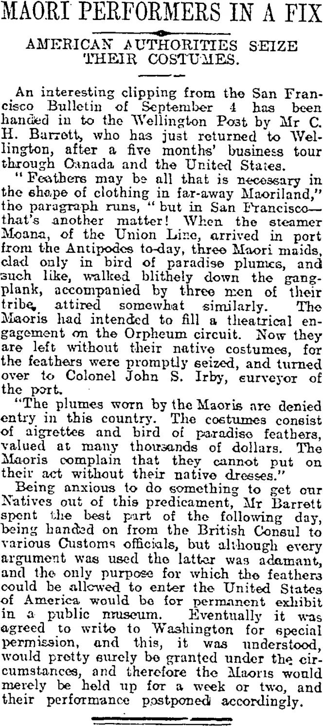 MAORI PERFORMERS IN A FIX (Otago Daily Times 14-10-1919)