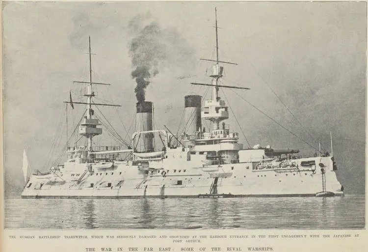 The Russian battleship Tsarewitch, which was seriously damaged and grounded at the harbour entrance in the first engagement with the Japanese at Port Arthur