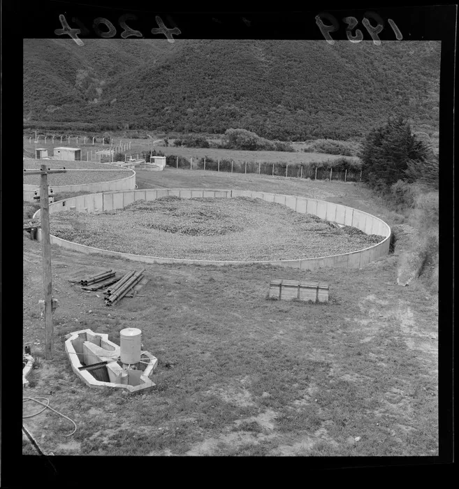 Wainuiomata Sewerage Plant with filtration tanks, Lower Hutt District, Wellington Region