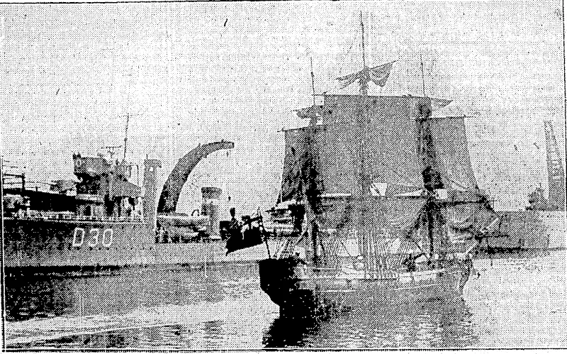 New Zealand delegates to the third biennial- conference, of'the Institute of. Pacific Relations which is-'to-'open at Kyoto, Japan,, on 23rd October. The delegation, ■ . ■ ' whicli consists altogether ofseven, left forSydney to-day by ihe>TJlimaroa' and will join the Kaga .Maru.at Sydney. " ■■ . ■ • – ', . '." •. ' ■■•■■•. .' . ' . . Sport:and General, . fhotov NAVY'WEEK AT CHATHAM.—Warships'of-, two periods, in comparison.'At the backis a modern destroyer and in the foreground an exact replica of the fourth 11.M.5. Kent, a 74 gun line of' battleship built at Deptiord in 1762, and at one lime commanded by Captain John Jc.rvis, later 'ike famous Lord Si. Vincent. The.Kcnl.was built far No.uy•'Week""at Chatham.. (Evening Post, 20 September 1929)