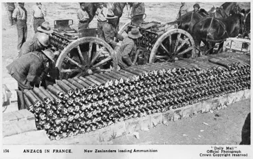 Image: "ANZACS IN FRANCE. New Zealanders loading Ammunition"