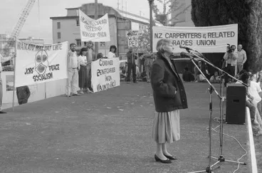 Image: Sonja Davies at a May Day rally in Garden Place