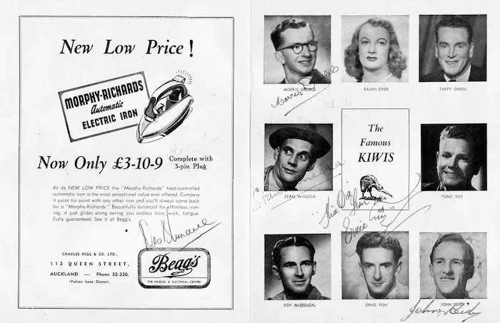 Kiwi Concert Party :The famous Kiwis [J C Williamson Theatres Ltd present The Kiwis Revue Company, the original Middle-East Kiwi Concert Party. His Majesty's Auckland. Programme page [5]].