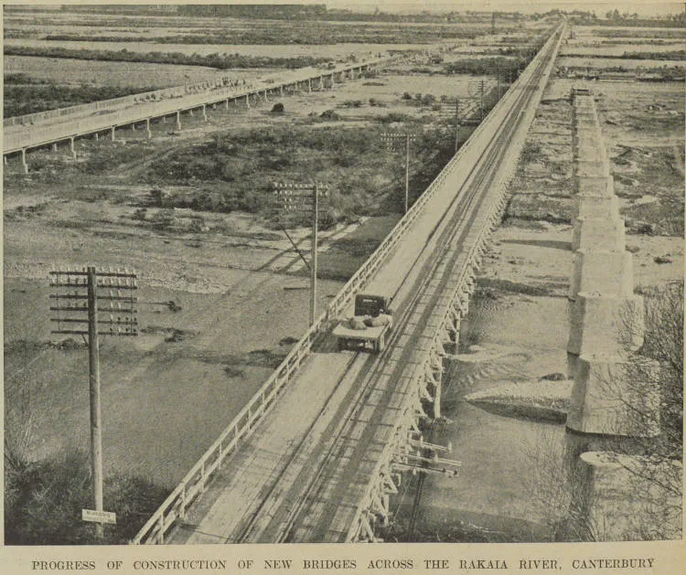 Progress of construction of new bridges across the Rakaia River, Canterbury