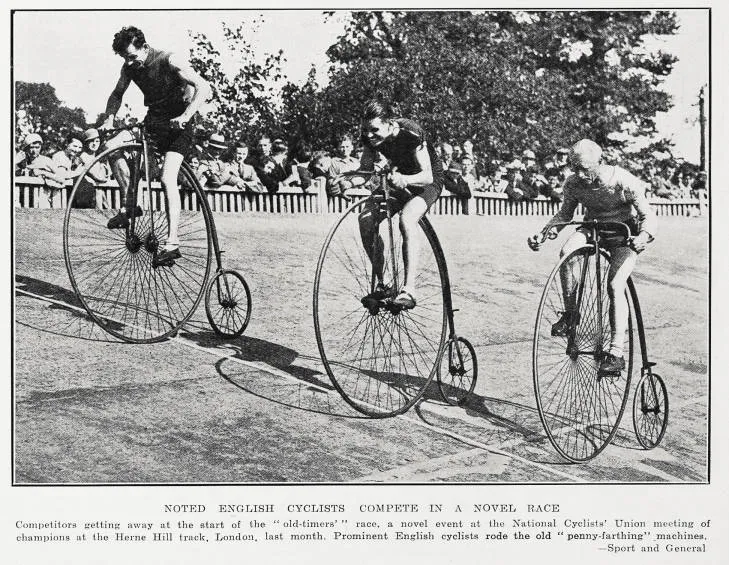 Noted English cyclists compete in a novel race