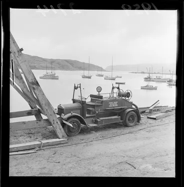 Image: Fire engine from Stokes Valley Voluteer Fire Brigade, parked on esplanade at Paramata, Kapiti Coast district