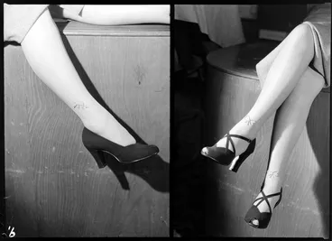 Image: Feet modelling high heeled shoes & jewelled stockings [two images]
