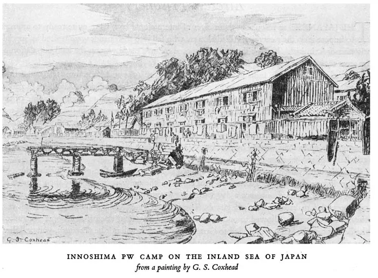 INNOSHIMA PW CAMP ON THE INLAND SEA OF JAPAN — from a painting by G. S. Coxhead
