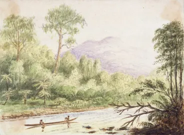 Image: Gold, Charles Emilius 1809-1871 :[Upper Hutt River? River, canoe, bush and hills. 1848?]