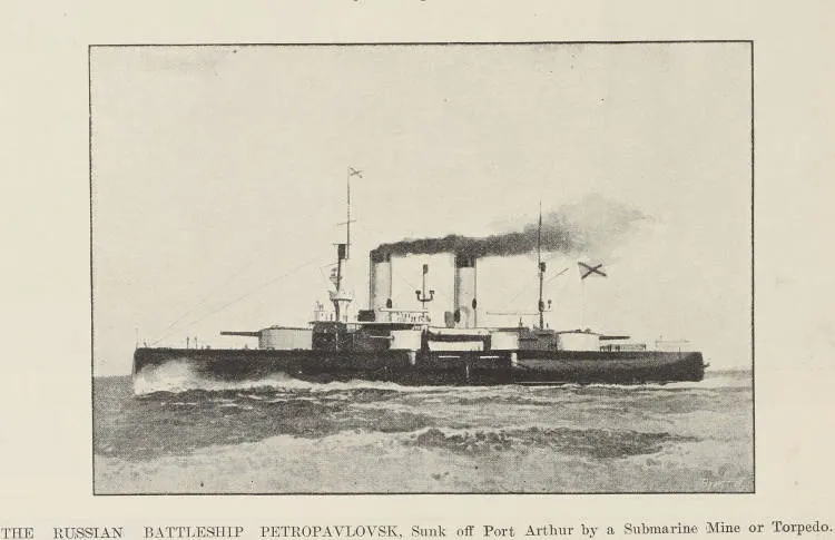 The Russian. battleship Petropavlovsk, sunk off Port Arthur by a submarine mine or torpedo