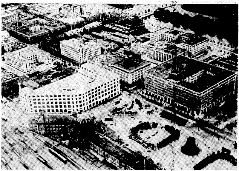 This air view shows the heart of Tokio, capital of Japan, which has beeri'uombed by Allied aircraft. At the lower left is the Central Station, and above it, to the left,'is the Post' Office building. The big building on the right is the Marunochi Building: (Evening Post, 16 June 1944)