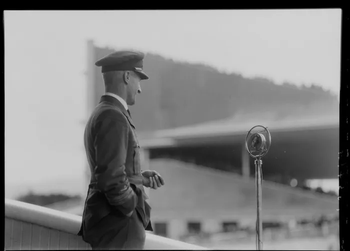 Arrival of the Southern Cross at Wellington, possibly Trentham. C Kingsford Smith at microphone