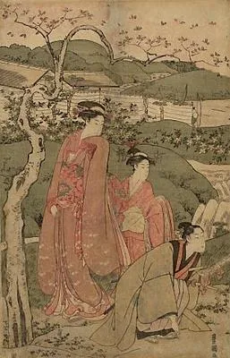 A Samurai holding a poem, accompanied by his wife and her maid