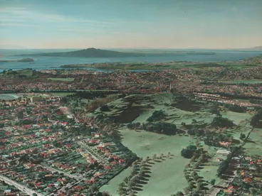 Image: One Tree Hill, Auckland. From the album: Hand coloured views of New Zealand; 1940s-50s; Whites Aviation