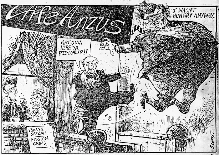 Scott, Tom, :Cafe ANZUS. Get outa here ya free-loader!! Todays special. Fission chips. I wasn't hungry anyway... 5 July 1986.
