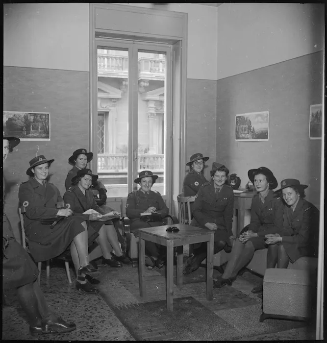 Group of NZ VADs in the lounge of the NZ Forces Club in Bari, Italy, World War II - Photograph taken by M D Elias