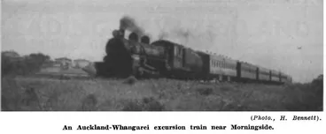 Image: (Photo., H. Bennett). — An Auckland-Whangarei excursion train near Morningside