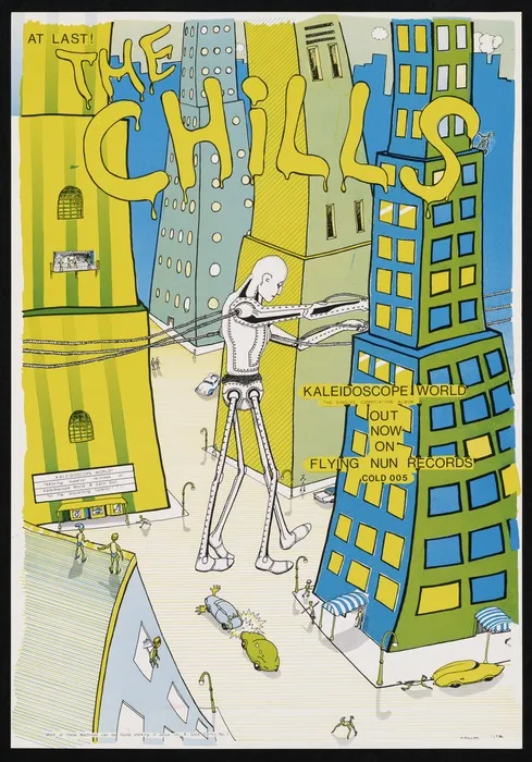 Phillipps, Martin, fl 1986 :At last! The Chills. "Kaleidoscope world", the singles compilation album, out now on Flying Nun Records. COLD 005 / M Phillipps. 20.7.[19]86.
