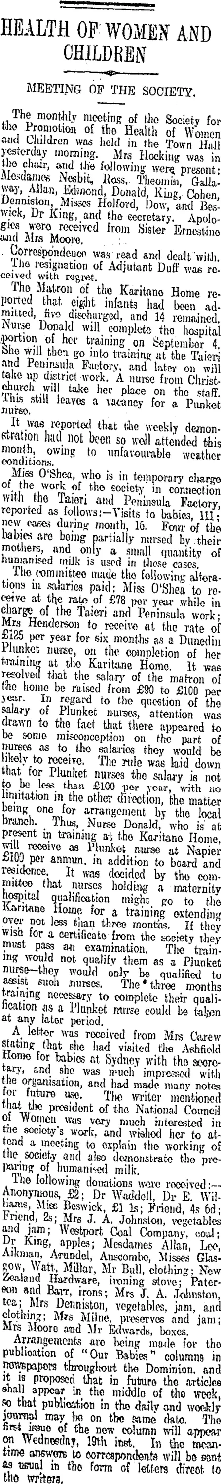 HEALTH OF WOMEN AND CHILDREN (Otago Daily Times 15-8-1908)