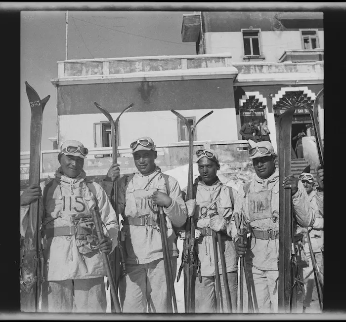 Members of the 28th New Zealand (Maori) Battalion at the Ninth Army Ski School, Lebanon - Photograph taken by M D Elias