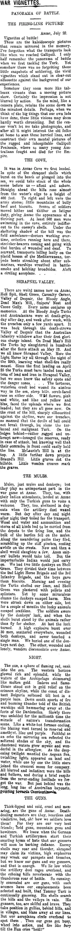 WAR VIGNETTES. (Taranaki Daily News 2-10-1915)