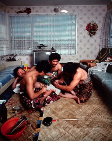 Image: 7.10.78. Triangle Road, Massey, west Auckland. Tattooing Tom Ah Fook, Arona and Leo Maselino (solo). Tufuga tatatau: Su'a Sulu'ape Paulo II