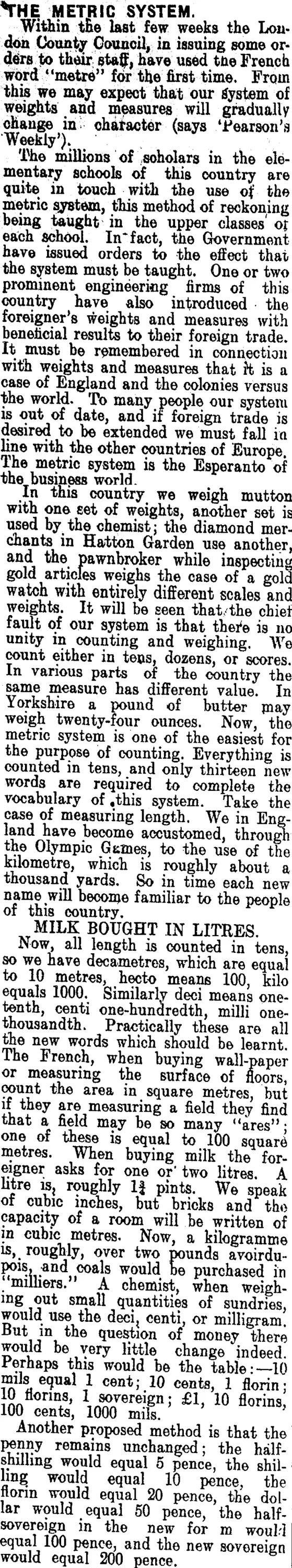 THE METRIC SYSTEM. (Clutha Leader 8-6-1909)