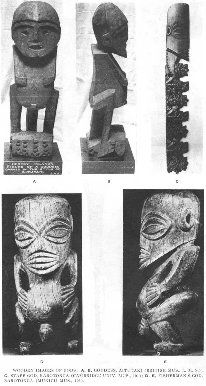 Plate 13 — Wooden Images of Gods: A, B, Goddess, Aitutaki (British Mus., L.M.S.); C, Staff God, Rarotonga (Cambridge Univ. Mus., 101); D, E, Fisherman's God. Rarotonga (Munich Mus., 191)