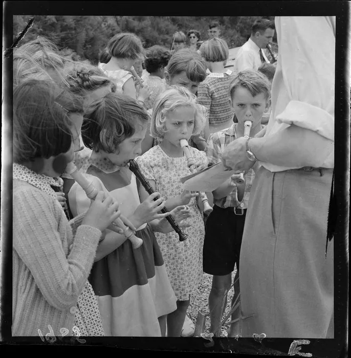 Children's recorder band during an outdoor concert, Wainuiomata, Lower Hutt