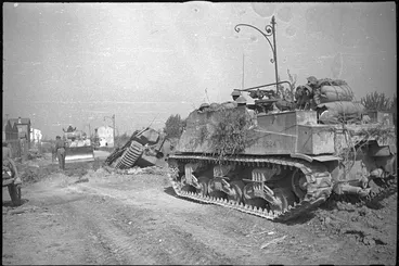 Image: Sherman dozer preparing route for New Zealand tanks in Medicina, Italy