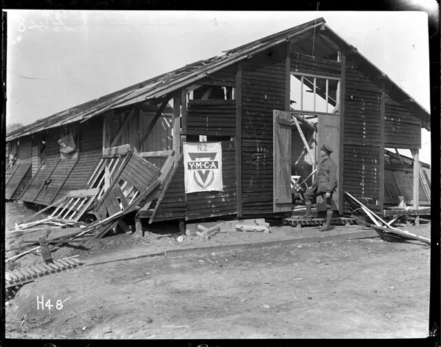 Exterior of New Zealand YMCA hut hit by shellfire