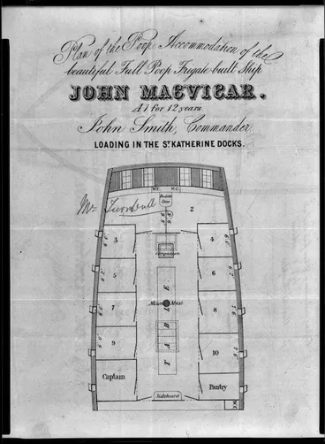 Image: Artist unknown :Plan of the poop accommodation of the beautiful full poop frigate-built ship John MacVicar. ... Loading in the St Katherine Docks [1857?]