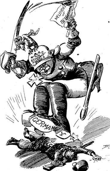 Image: October 17, 1914.] THE BULLY! The brutal treatment of Belgium by the Prussian bully incensed a world horrified at the repeated atrocities of the German troops, and there is no page' in history so pouching as the extraordinary courage and devotion of the wonderful Belgians, who broke the first onslaught of the Huns at Liege. (Observer, 20 September 1919)