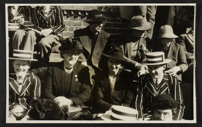 Agnes Isobel Stout with her son John David Stout and another woman and boy, Christ's College sports day