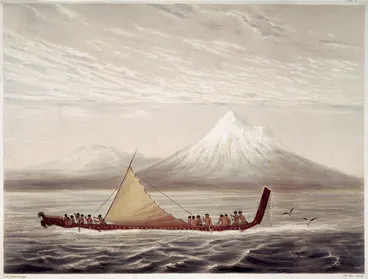 Image: [Angas, George French] 1822-1886 :Taranaki or Mount Egmont. War canoe (early morning). Plate 2 / George French Angas. J W Giles lithog.