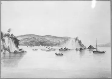 Image: Signing of the Treaty of Waitangi by Māori chiefs at the entrance to the Tamaki River, June 1840