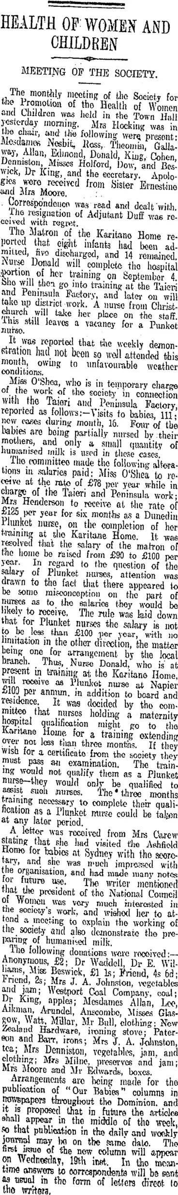 Image: HEALTH OF WOMEN AND CHILDREN (Otago Daily Times 15-8-1908)
