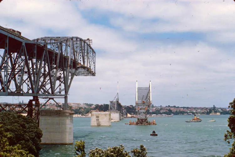 Moving the pick-a-back section of Auckland Harbour Bridge into place, 1958