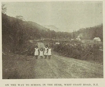 Image: On the way to school in the bush, West Coast Road, N.Z.