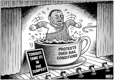 Image: 'Tonight - Tame Iti in "The Tempest".' 'Protests over bail conditions'. 19 June, 2008