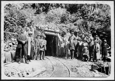 Image: Group in Wainuiomata at the opening of a tunnel housing the Wainuiomata-Orongorongo water pipe
