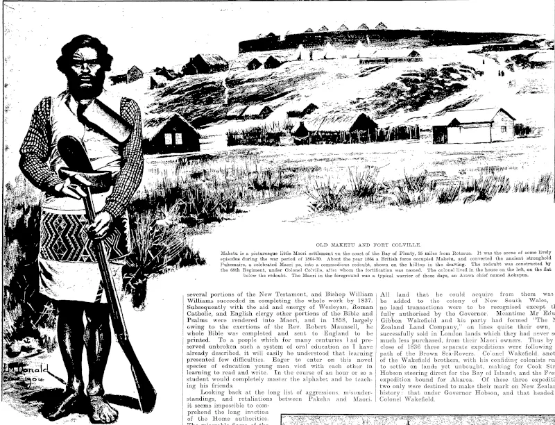 OLD MAKETU AND FORT COLVILLE.  Maketu is a picturesque little Maori settlement on the coast of the Bay of Plenty, 35 miles from Rotorua. It was the scene of some lively episodes during the war period of 1864-70. About the year 1864 a British force occupied Maketu, and converted the ancient stronghold Pukemaire, a celebrated Maori pa, into a commodious redoubt, shown on the hilltop in the drawing. The redoubt was constructed by the 68th Regiment, tinder Colonel Colville, aitei whom tho fortification was named. The colonel lived in the house on the left, on the flat below the redoubt. The Maori in the foreground was a typical warrior of those days, an Arawa chief named Aokapua. (Otago Witness, 21 December 1904)