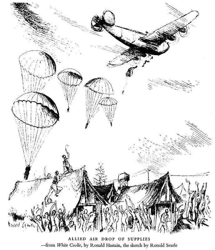 allied air drop of supplies — —from White Coolie, by Ronald Hastain, the sketch by Ronald Searle