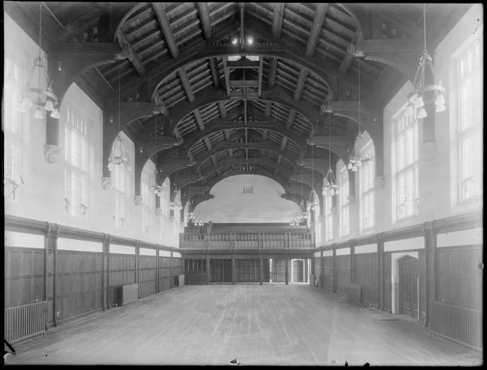 The dining hall of Christ's College, Christchurch, with the seating gallery at the far end