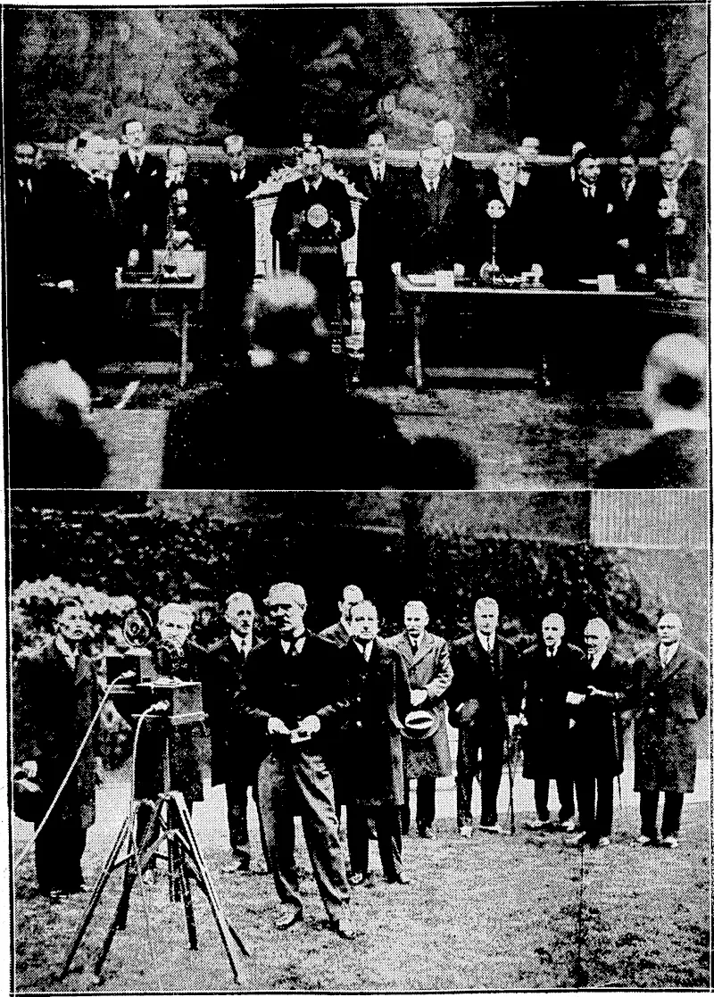 Sfort and General Photo. OPENING THE FIVE-POWER NAVAL CONFERENCE.—Top, the King reading hii speech on 21st January into a golden microphone to be broadcasted to all parts of the world. He is standing before the golden throne in what is known as the "Golden Gallery" of the House of Lords. Below, Mr. Ramsay Mac Donald, at No. 10, Doivning Street, speaking into the microphone during the making of a talkie. Behind him, from the left, are M.Wakatsuki, Japan; M. Briand, France; Mr. Stimsim, U.S.A.; M. Tardieu,'France; Mr. Te Water, South Africa, behind M. Tardieu; Mr. Fenton, Australia; Mr. Wilford, New Zealand! Colojiel Ralston,; Canada; Professor, Sndddy, Irdqndy Sir; Atul ChMerjee* Indian (Evening Post, 25 February 1930)