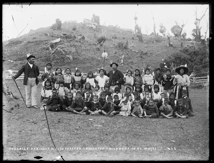 Children from Parihaka with Taare Waitara, Parihaka Pa