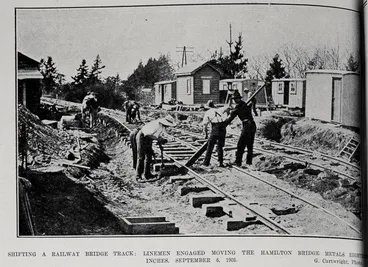 Image: SHIFTING A RAILWAY BRIDGE TRACK: LINEMEN ENGAGED MOVING THE HAMILTON BRIDGE METALS EIGHTEEN INCHES, SEPTEMBER 6, 1908