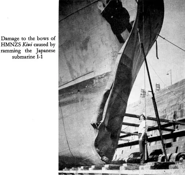 Damage to the bows of HMNZS Kiwi caused by ramming the Japanese submarine I-1