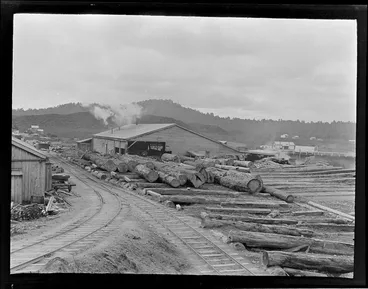 Image: The Kakahi Sawmill with railway lines and logs ready for processing in front, Kakahi Settlement, Manawatu-Whanganui Region