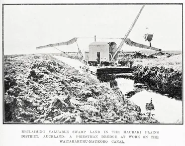 Image: Reclaiming valuable swamp land in the Hauraki Plains district, Auckland: a Priestman dredge at work on the Waitakaruru-Maukoro canal